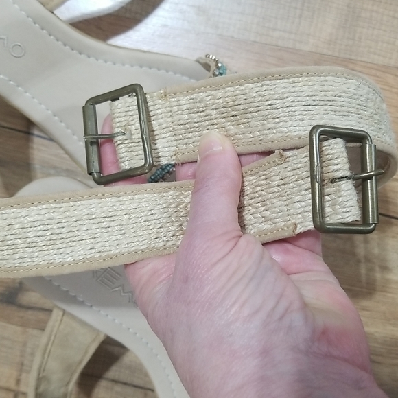 SKEMO Beige, Rhinestone & Turquoise Beaded Wedge Ankle Wrap Sandals - Picture 9 of 14